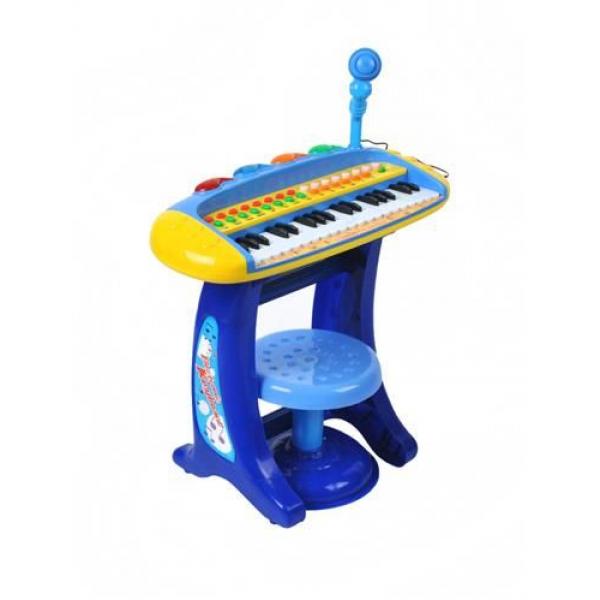 Vaikiškas pianinas su mikrofonu ir kėdute - mėlynas